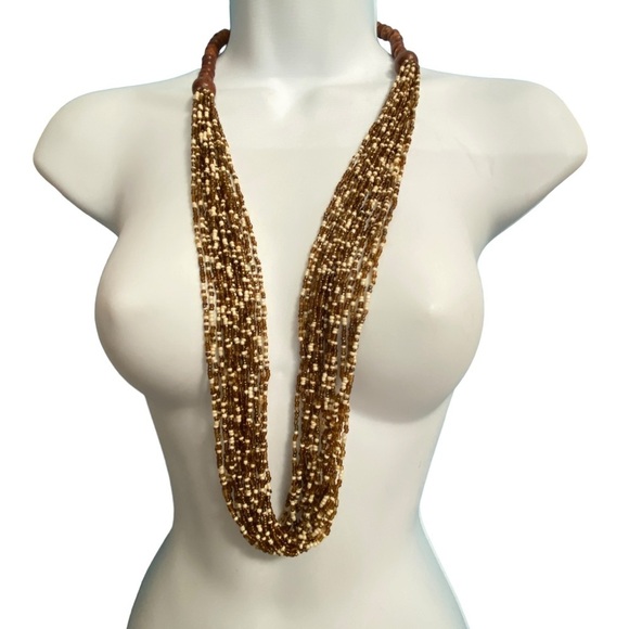 Boho Multi-Strand Brown Cream Seed Beads Long Necklace Artisan Made - Picture 8 of 8